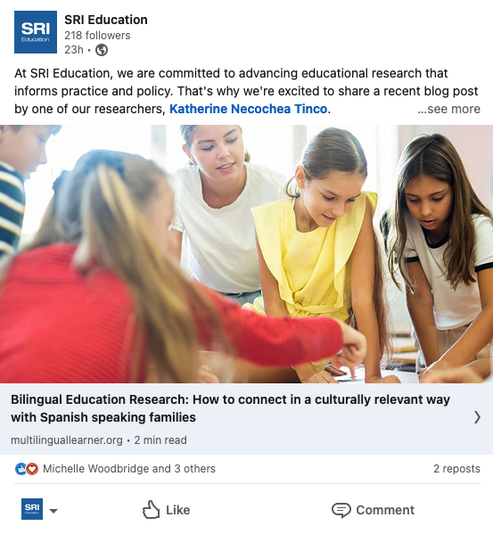 Screenshot of SRI Education LinkedIn post